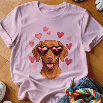 A light pink crewneck t-shirt featuring a graphic of a brown dog wearing heart-shaped sunglasses surrounded by floating pink hearts.