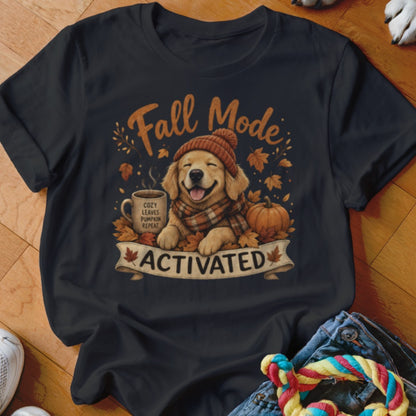 Golden retriever with scarf and hat, coffee, pumpkin, and text "Fall Mode Activated".