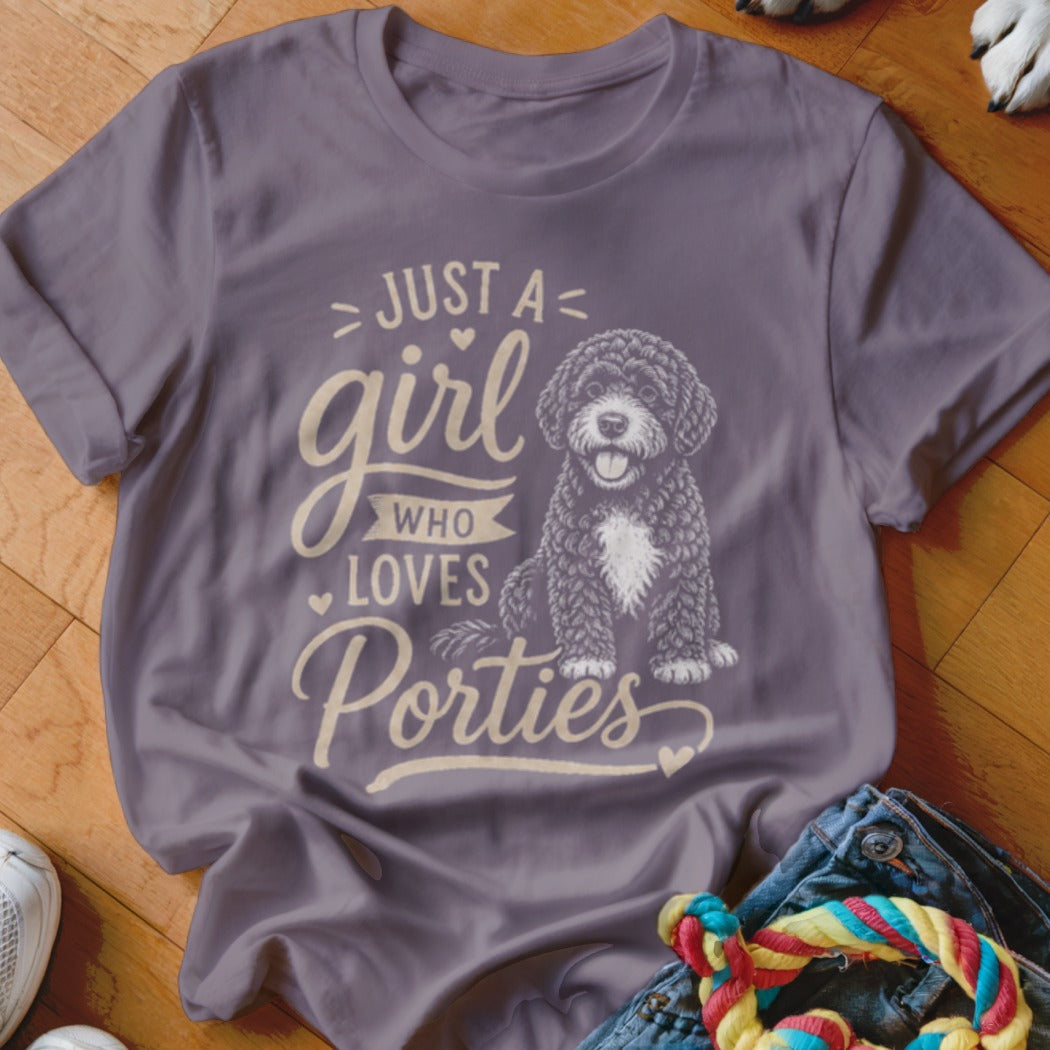 Purple t-shirt with "Just a girl who loves Porties" and a doodle dog graphic.