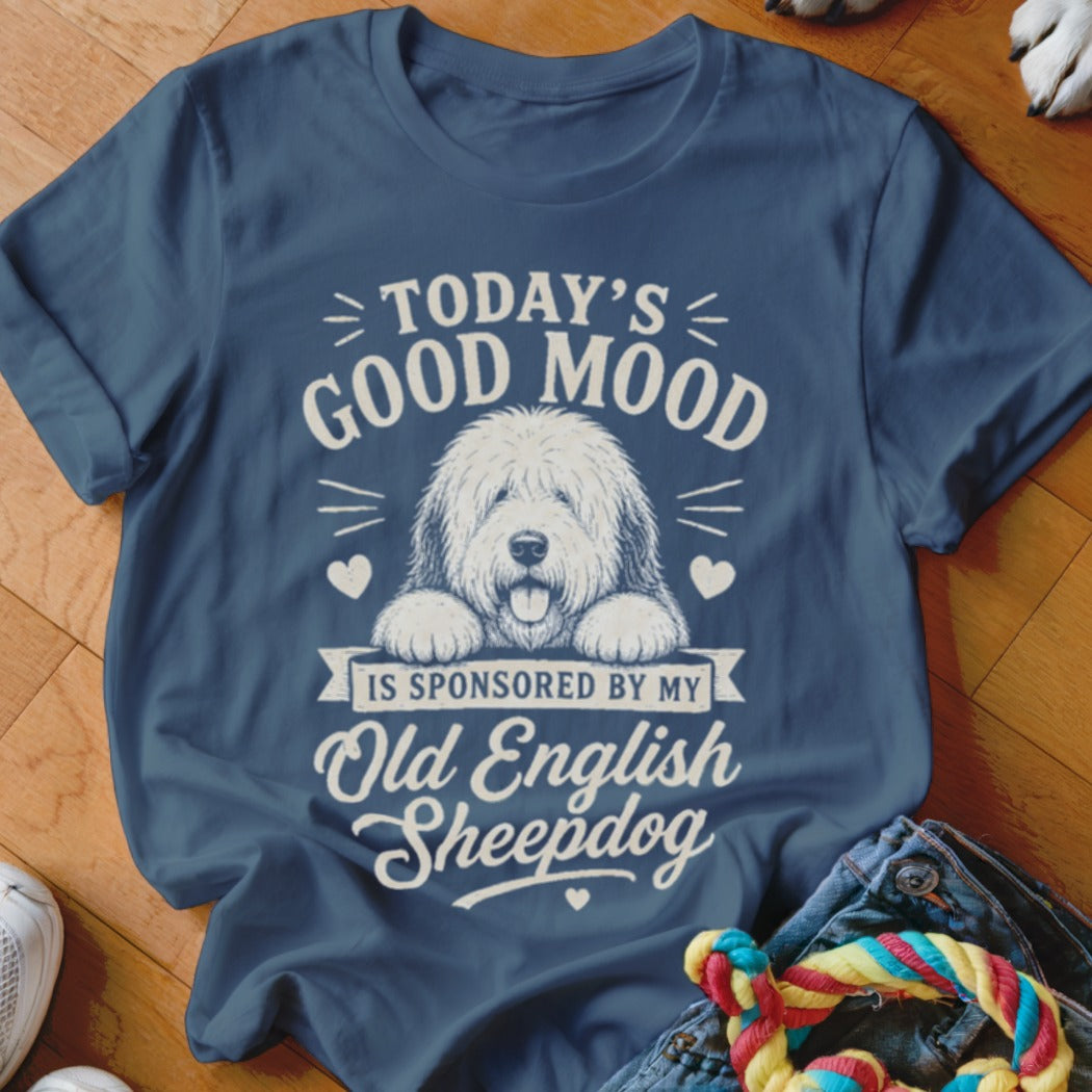 Blue t-shirt with white text and an Old English Sheepdog graphic.