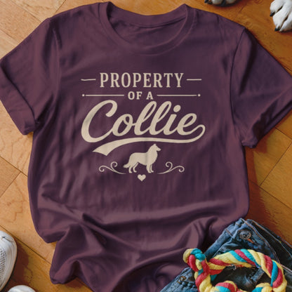 Maroon t-shirt with "Property of a Collie" text and silhouette of a collie dog.