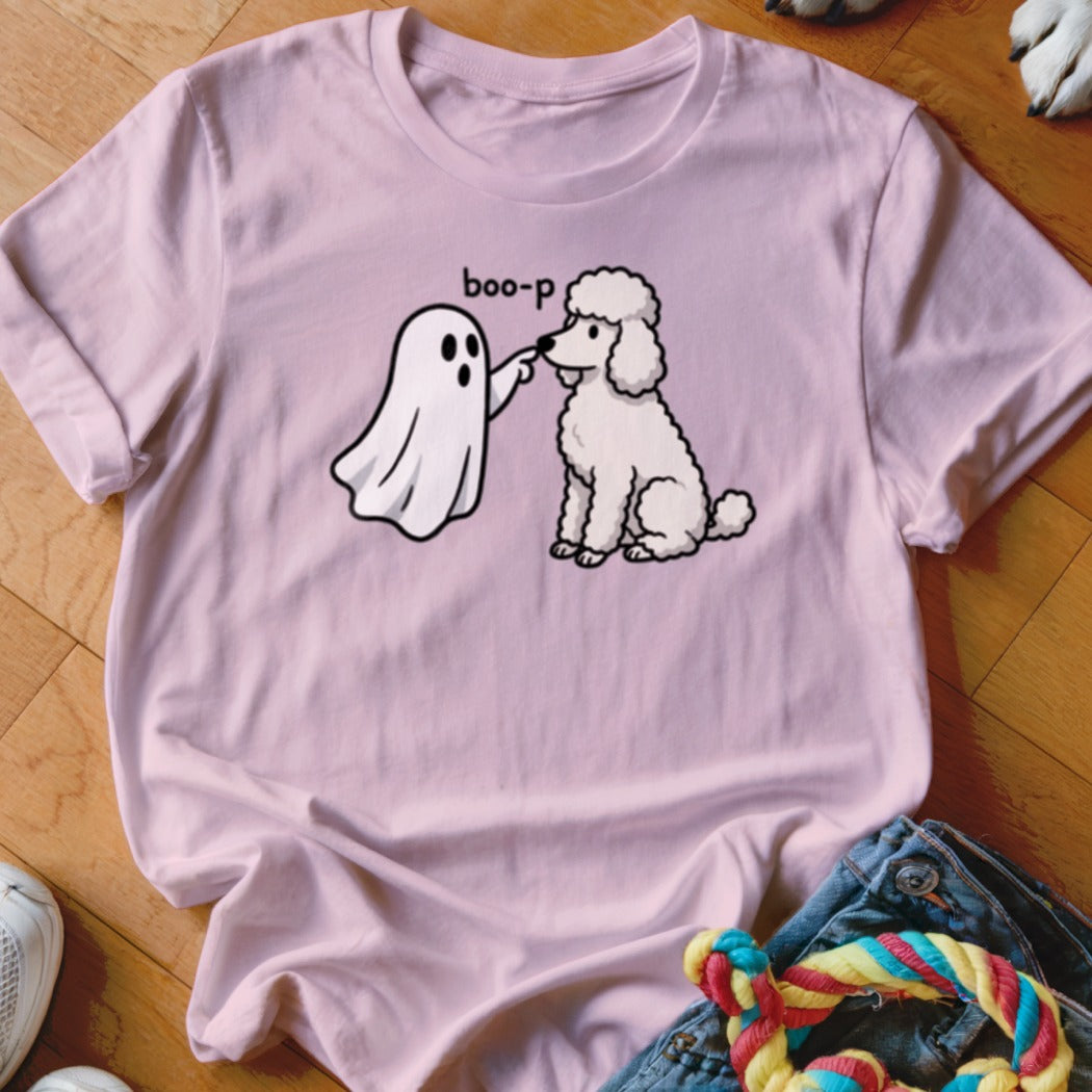 Light pink t-shirt with a cartoon of a ghost booping a poodle with the text "boo-p".