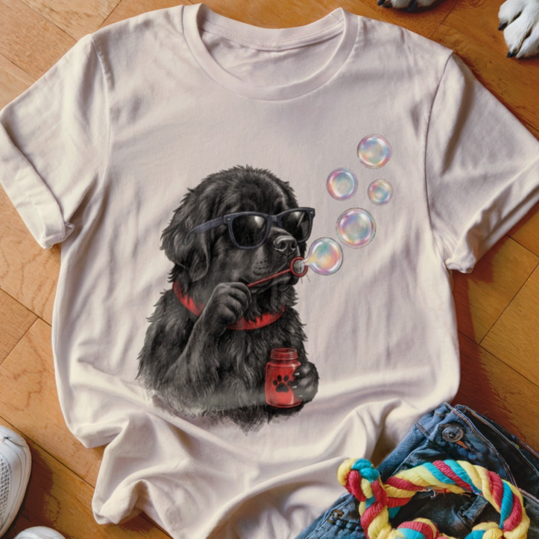 Light-colored t-shirt featuring a graphic of a black dog in sunglasses blowing bubbles.
