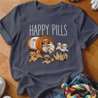 Illustration of fluffy puppies spilling out of a pill bottle with "HAPPY PILLS" text.