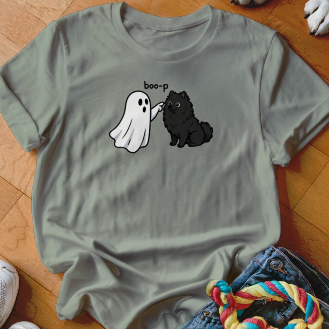 Ghost booping black Pomeranian with text "boo-p" on grey t-shirt.