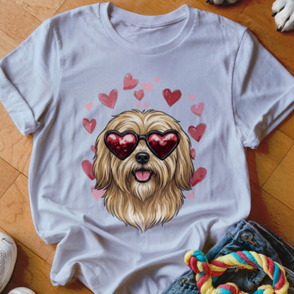 A white t-shirt featuring an illustration of a fluffy blonde dog wearing heart-shaped sunglasses, surrounded by pink hearts.