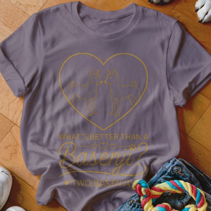 Lavender t-shirt with gold outline of two Basenjis in a heart and text.