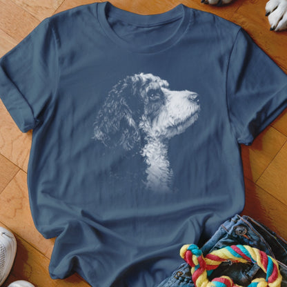 Dark blue t-shirt with a black and white sketch of a poodle looking right.
