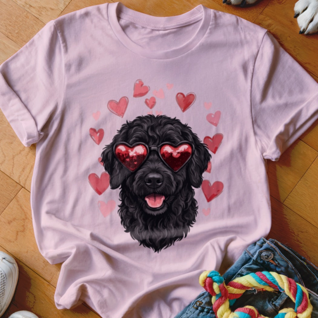 A light pink t-shirt featuring a graphic of a black poodle wearing heart-shaped sunglasses surrounded by floating red hearts.