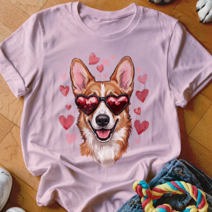 Light pink crewneck t-shirt featuring a corgi wearing heart-shaped sunglasses surrounded by pink hearts.