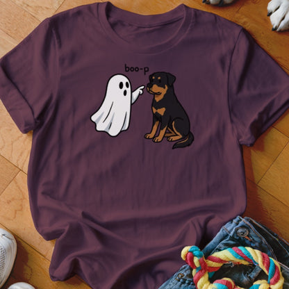 Ghost poking a Rottweiler dog with the text "boo-p".