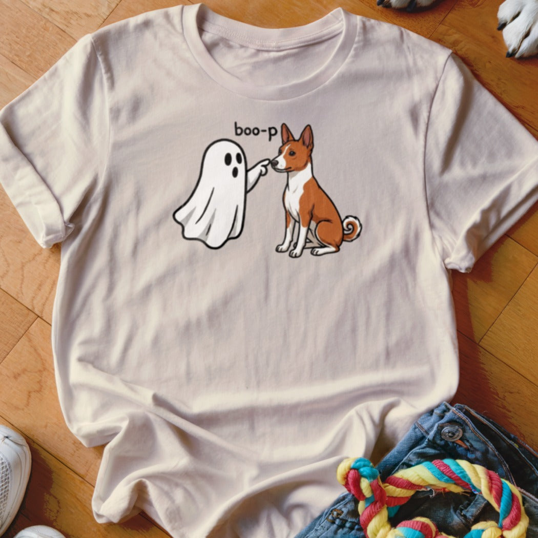 Cream t-shirt with cartoon ghost booping a brown and white dog, text reads "boo-p".
