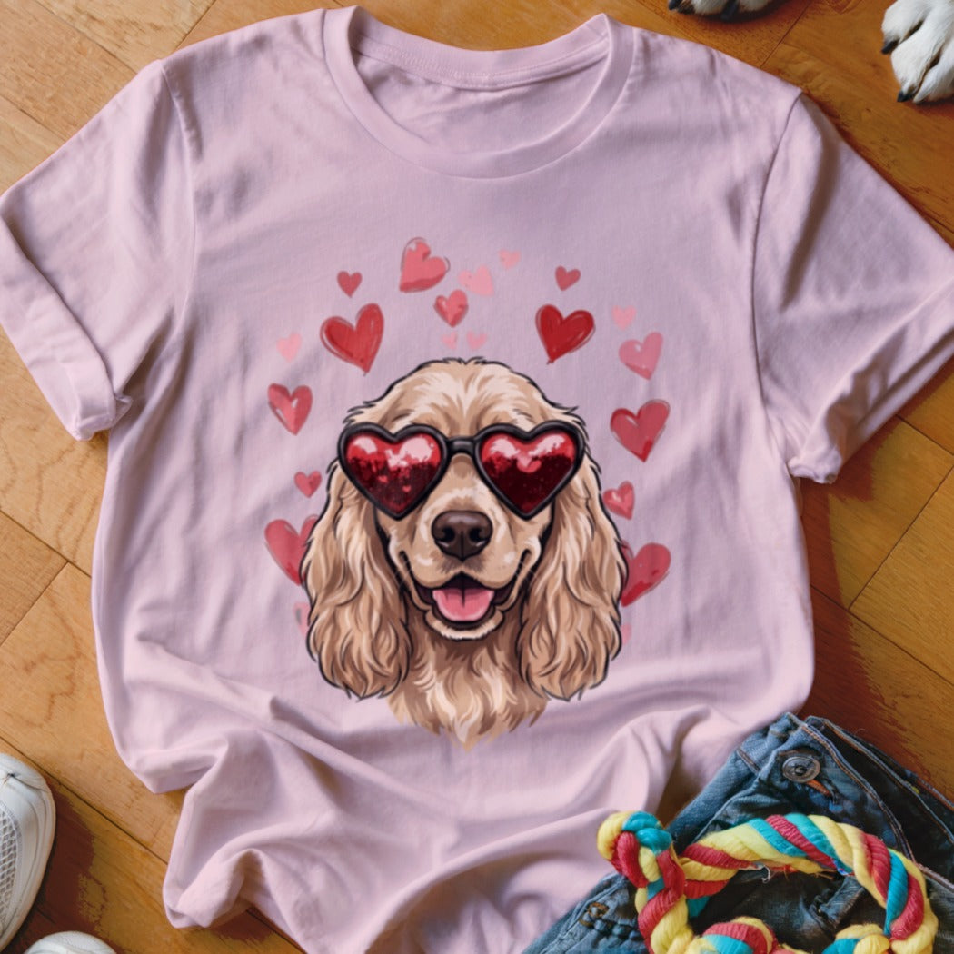 Light pink t-shirt featuring a graphic of a golden spaniel wearing heart-shaped sunglasses surrounded by floating red hearts.