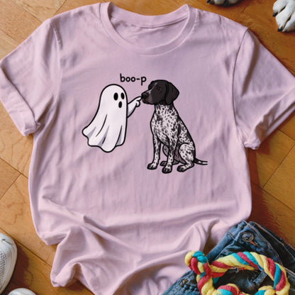 Pink t-shirt with cartoon ghost booping a spotted dog that says "boo-p".