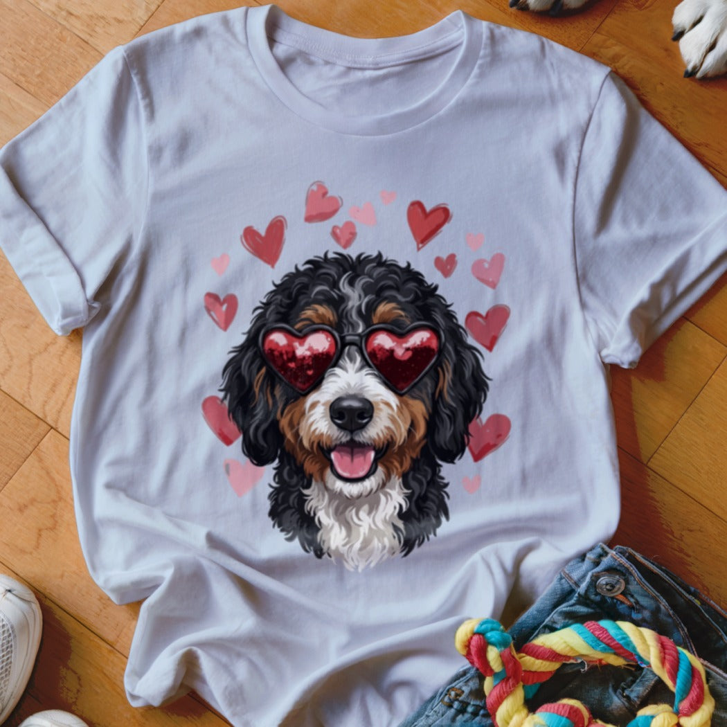 White crewneck t-shirt featuring a graphic of a Bernedoodle wearing heart-shaped sunglasses, surrounded by pink hearts.