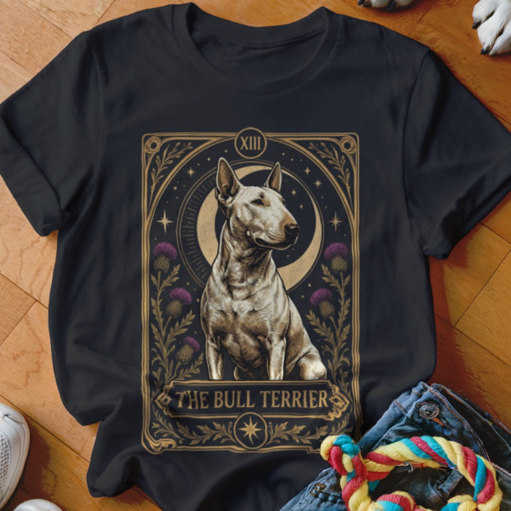 Black t-shirt featuring a tarot-style graphic of a bull terrier, crescent moon, and purple flowers.