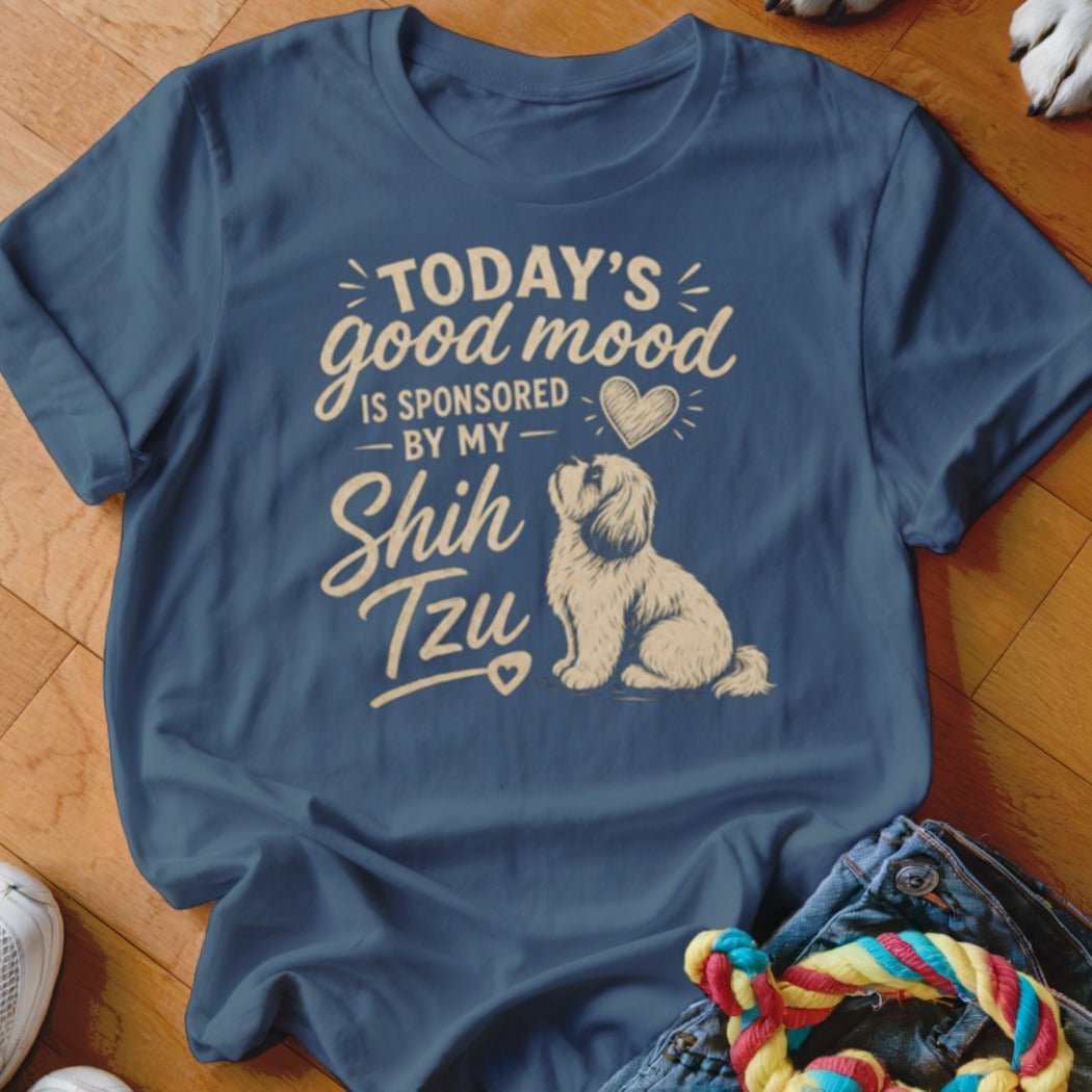 Blue t-shirt with "Today's good mood is sponsored by my Shih Tzu" text and graphic.