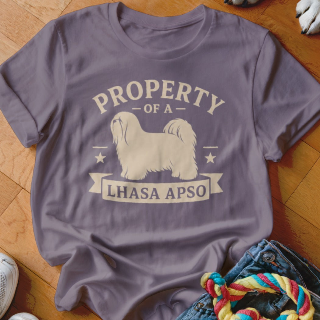 T-shirt with "Property of a Lhasa Apso" text and dog graphic in cream.