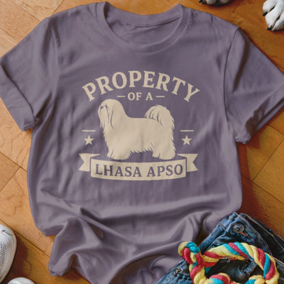 T-shirt with "Property of a Lhasa Apso" text and dog graphic in cream.