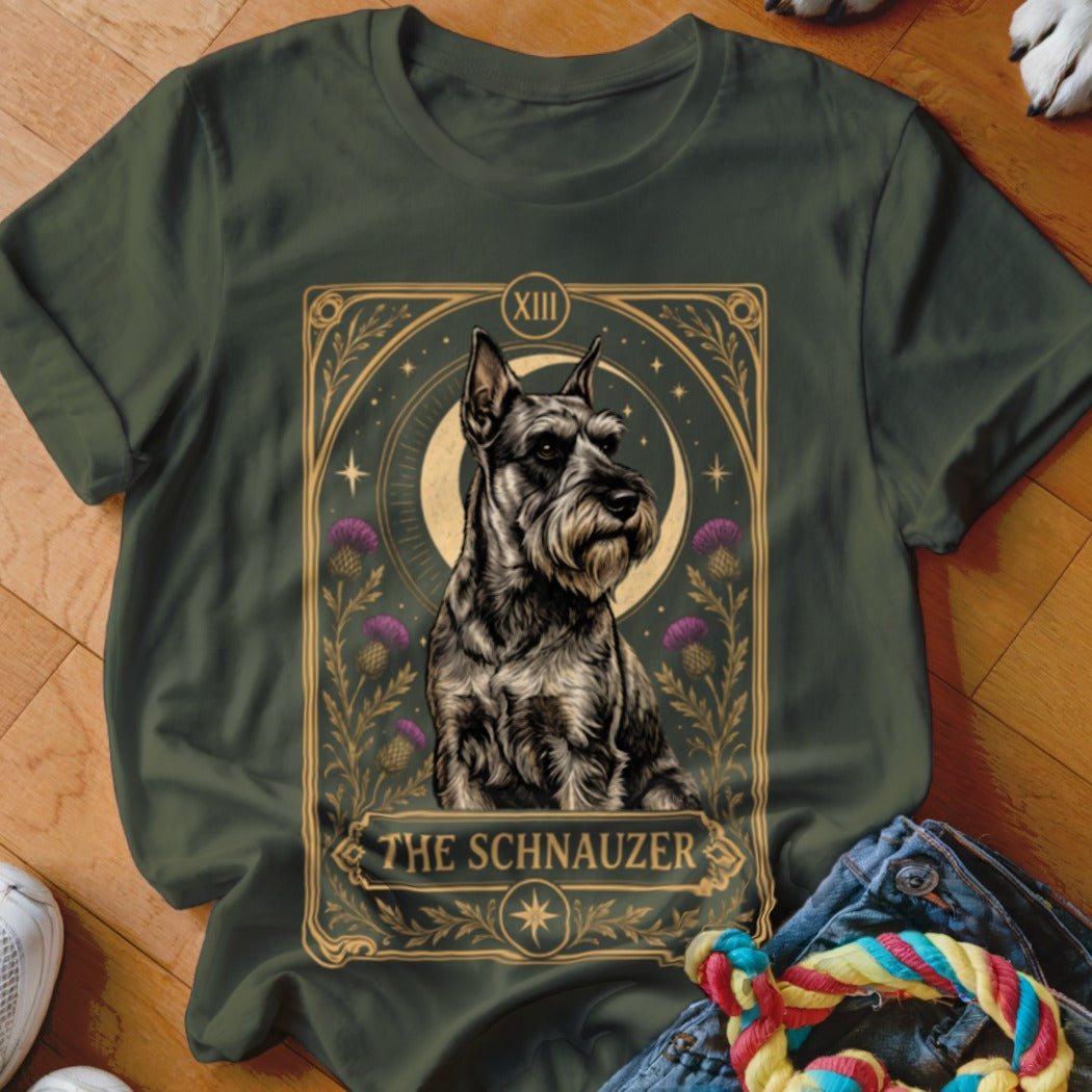 Dark green t-shirt featuring a tarot-style graphic of a Schnauzer with the text The Schnauzer.