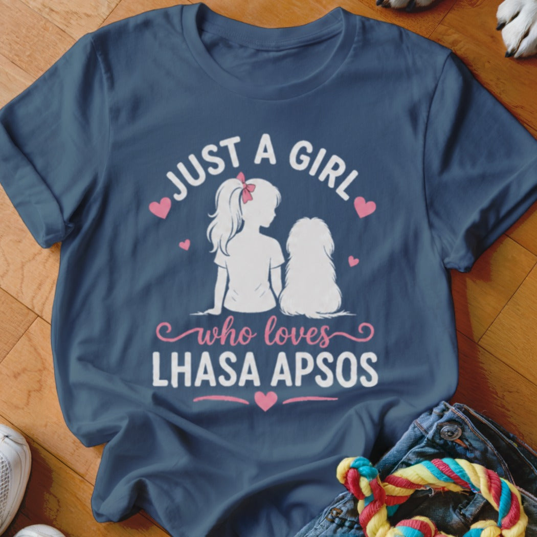 Blue t-shirt with "Just a girl who loves Lhasa Apsos" text and silhouette.