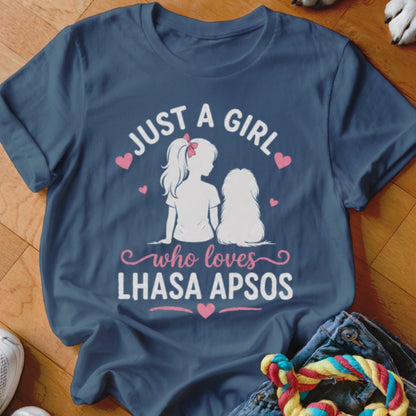 Blue t-shirt with "Just a girl who loves Lhasa Apsos" text and silhouette.
