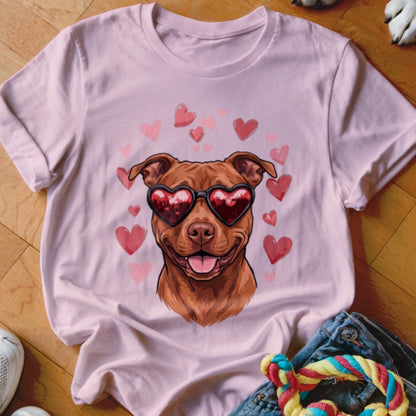 Light pink crewneck t-shirt featuring a cartoon pit bull wearing heart-shaped sunglasses surrounded by floating hearts.