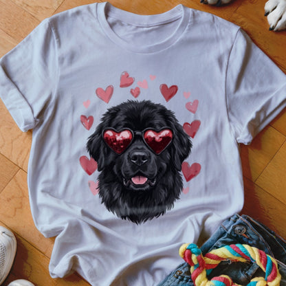 A white t-shirt featuring a graphic of a black dog wearing heart-shaped sunglasses surrounded by floating pink hearts.