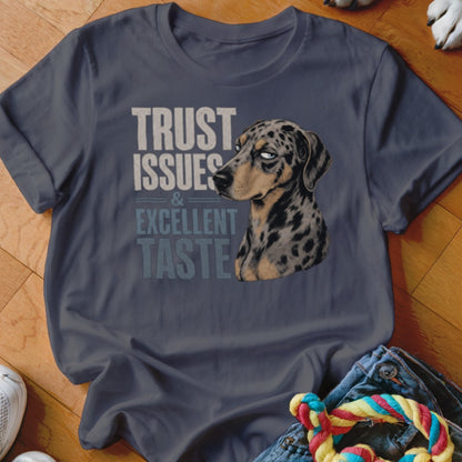 "Trust Issues & Excellent Taste" graphic t-shirt with a leopard print dog portrait.