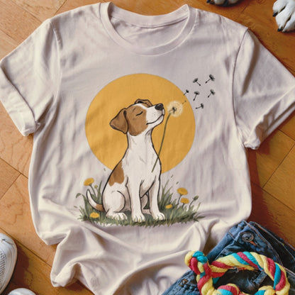 Beige t-shirt featuring a cartoon jack russell terrier sniffing a dandelion in front of a yellow sun.