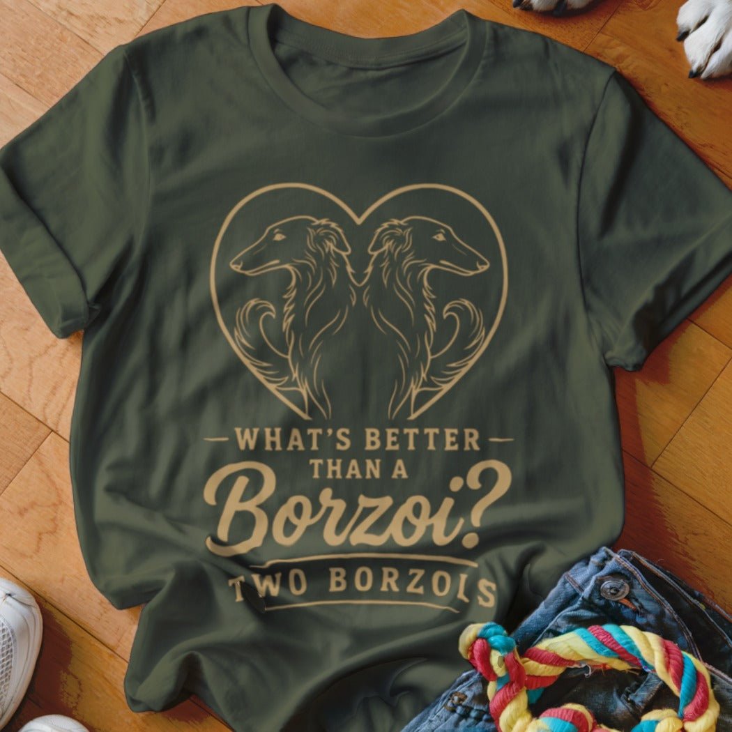 Olive green t-shirt with a heart containing two Borzoi dogs and text.