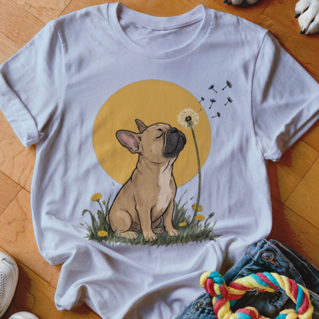 A white crewneck t-shirt featuring an illustration of a French Bulldog blowing dandelion seeds against a yellow sun.