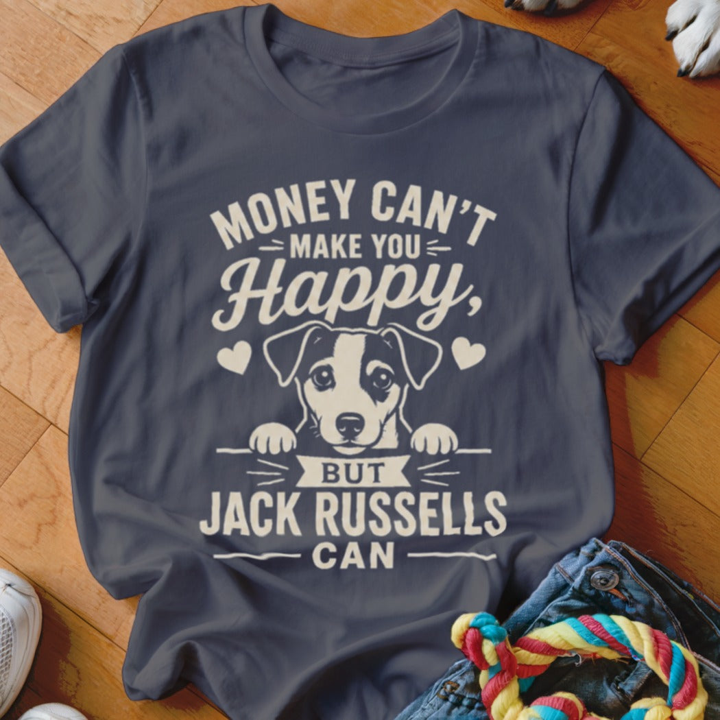 Navy t-shirt with text "Money Can't Make You Happy, But Jack Russells Can" and a dog graphic.