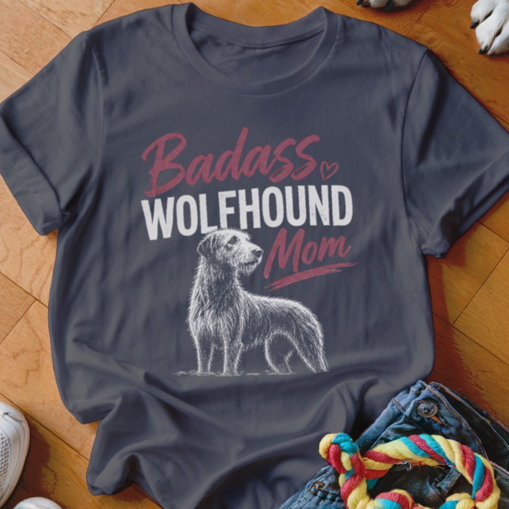 Wolfhound Mom graphic t-shirt with a sketch of a wolfhound dog.