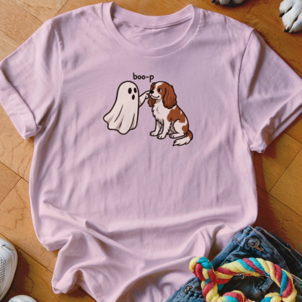 Pink t-shirt with cartoon ghost booping a dog, text "boo-p".