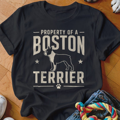 Black t-shirt with "Property of a Boston Terrier" text and a Boston Terrier dog silhouette.