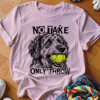 Pink t-shirt with dog holding tennis ball graphic and text "NO TAKE ONLY THROW".