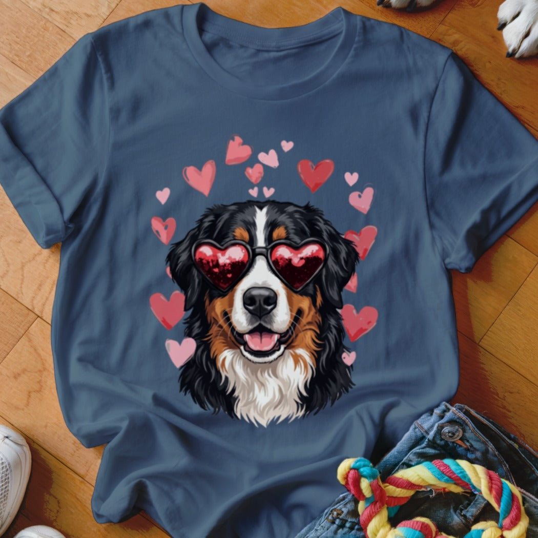 Blue crewneck t-shirt featuring a graphic of a Bernese Mountain Dog wearing heart-shaped sunglasses surrounded by pink hearts.