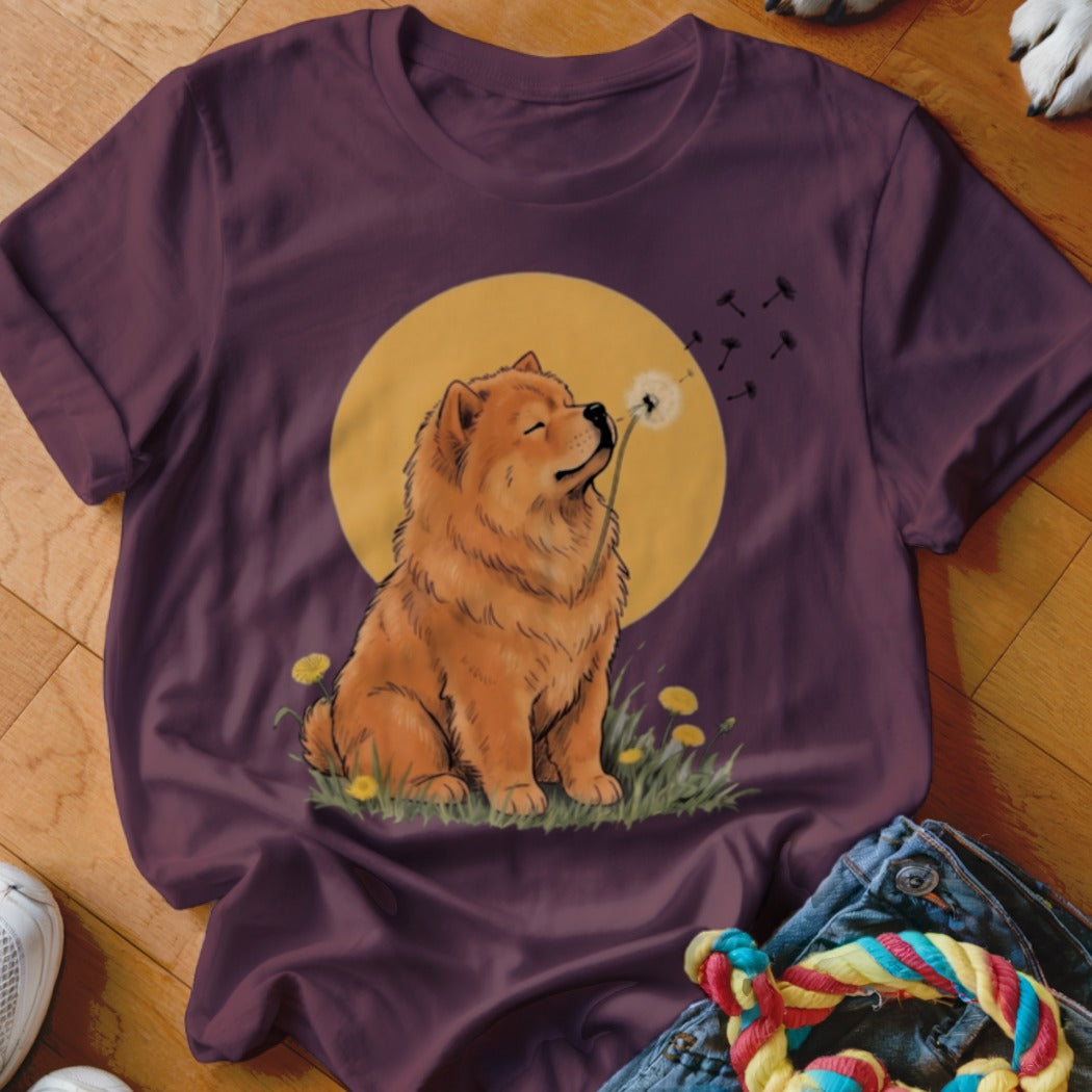 Maroon short-sleeved t-shirt featuring an illustrated Chow Chow dog blowing a dandelion seed head against a yellow circle.