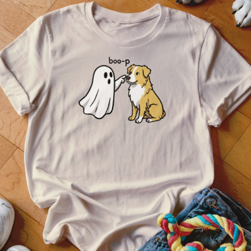 T-shirt with cartoon ghost booping dog and text "boo-p"