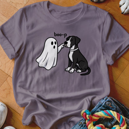 Cartoon ghost booping a black and white dog, with the text "boo-p".