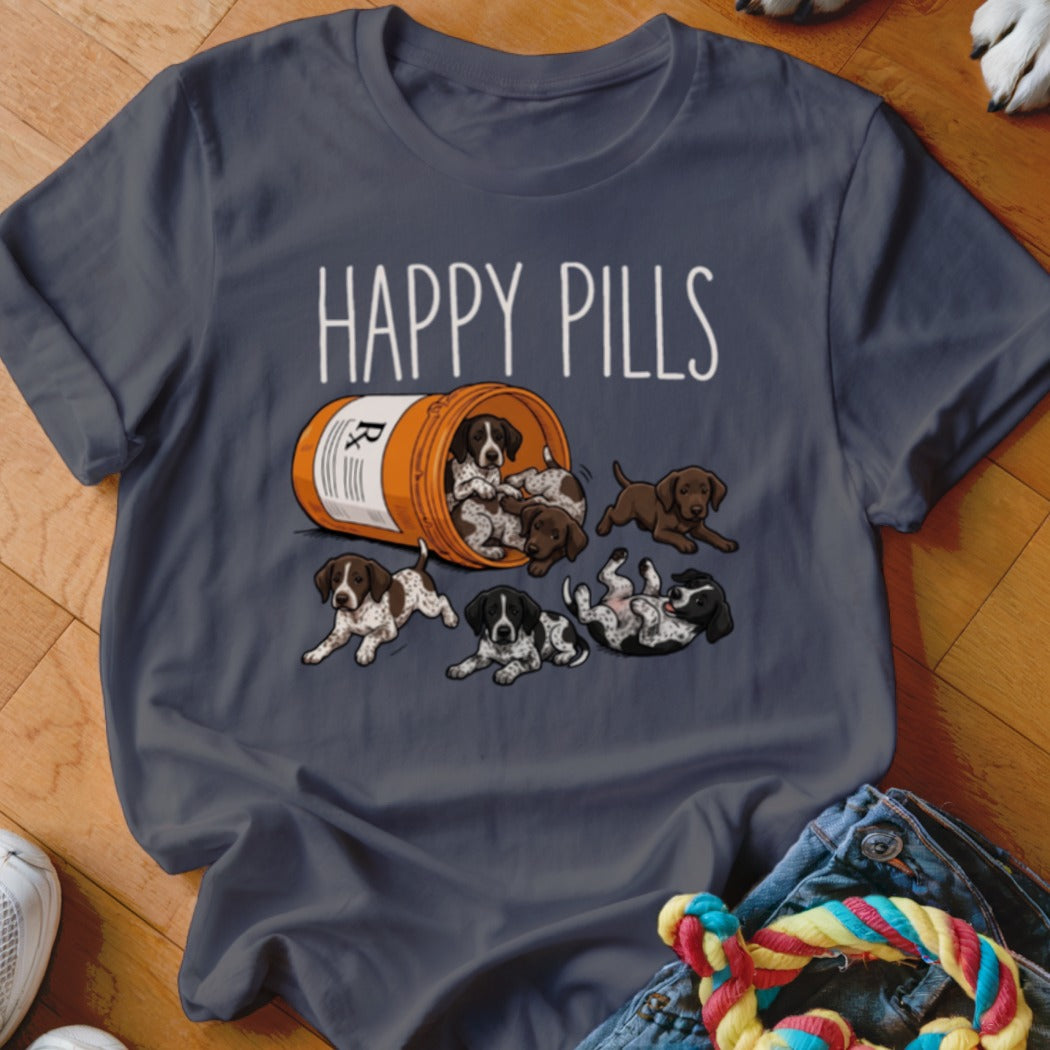 T-shirt graphic with puppies spilling from a pill bottle and the text "HAPPY PILLS".