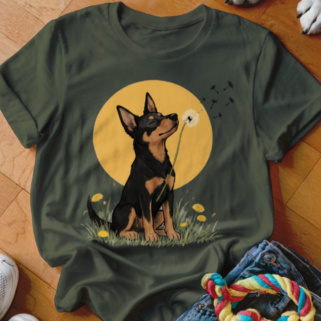 Olive green t-shirt featuring an illustration of a black and tan dog sniffing a dandelion against a yellow circle.