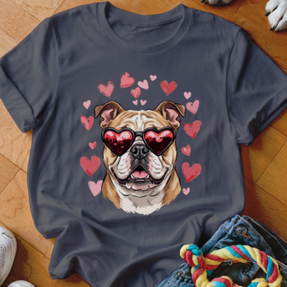A dark gray t-shirt featuring a bulldog wearing heart-shaped sunglasses, surrounded by pink and red hearts.