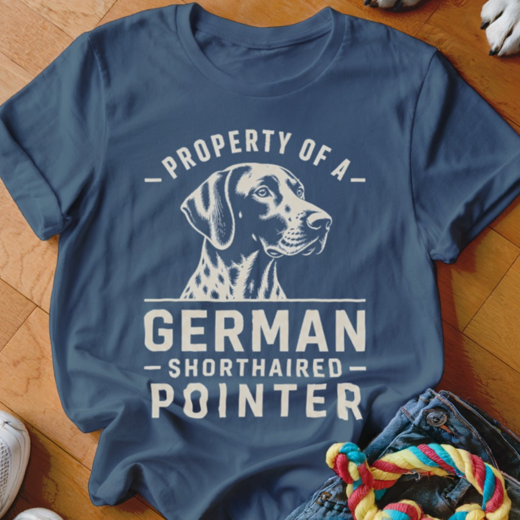 Blue t-shirt with a German Shorthaired Pointer illustration and text.