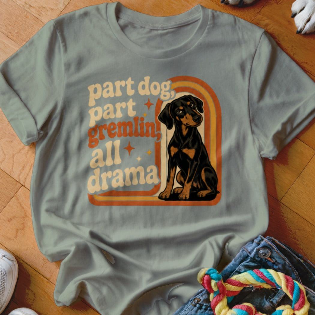 Light gray t-shirt with a black and tan dog and retro text reading "part dog, part gremlin, all drama".