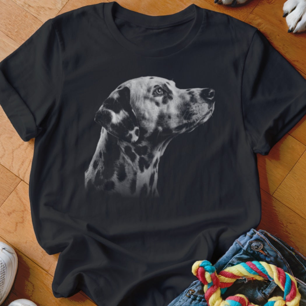 Black t-shirt with a grayscale portrait of a Dalmatian dog.