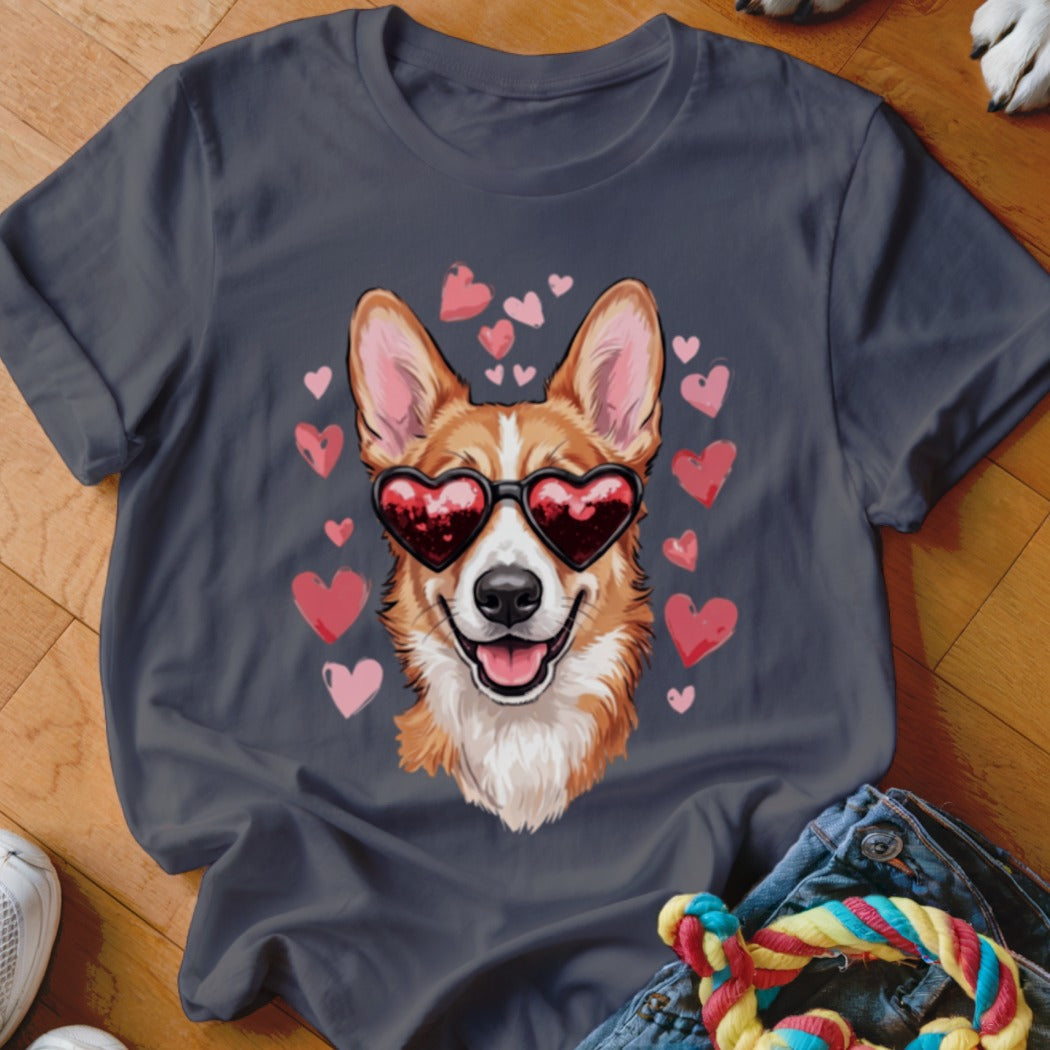 Dark grey t-shirt featuring a Corgi wearing heart-shaped sunglasses surrounded by pink hearts.