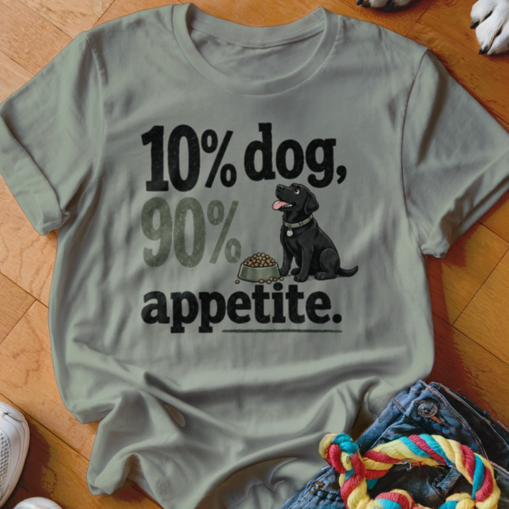 Gray t-shirt with text "10% dog, 90% appetite." and a black lab.