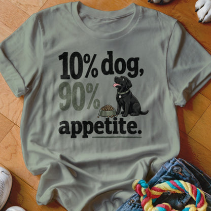 Gray t-shirt with text "10% dog, 90% appetite." and a black lab.